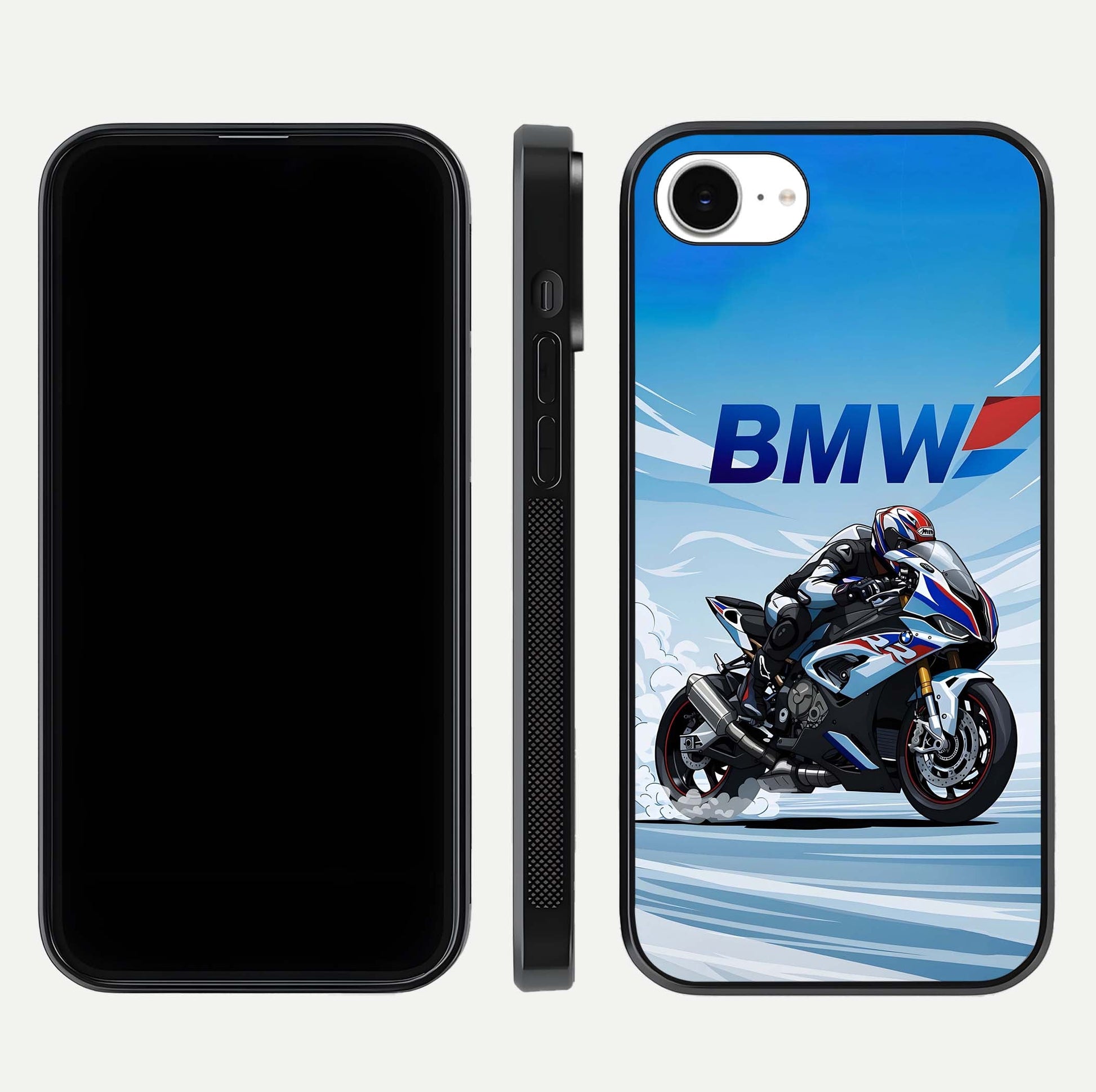 BMW Power Drift Glass Case for iPhone 16e dual-view layout showing energy pattern and edge clarity