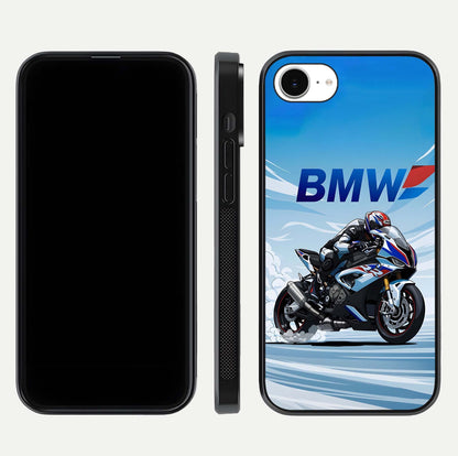 BMW Power Drift Glass Case for iPhone 16e dual-view layout showing energy pattern and edge clarity