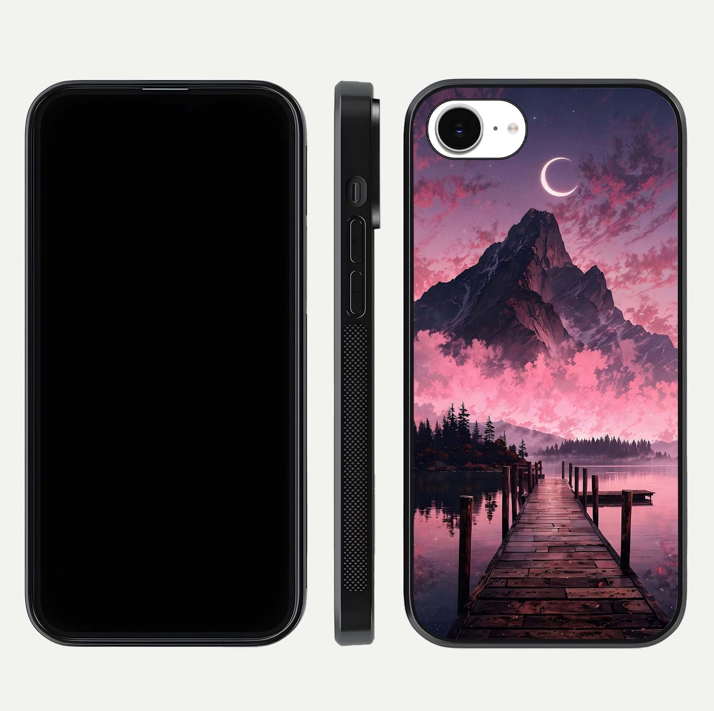 Beautyful Mountain View Glass Case for iPhone 16e front and back layout showcasing natural tones and clarity