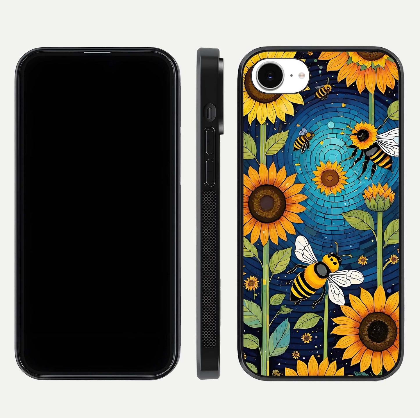 Bees & Sunflowers Glass Case for iPhone 16e front-and-back layout highlighting nature-inspired artwork and protective edge