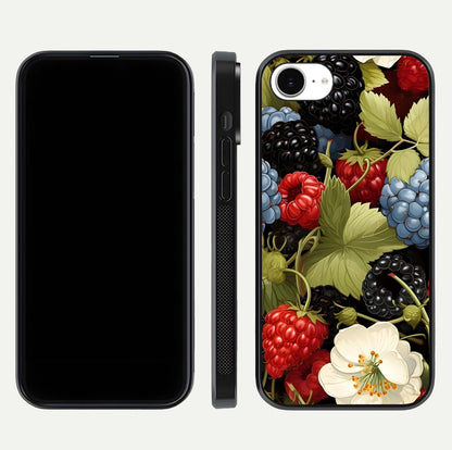 Berry Bloom Charm Glass Case for iPhone 16e front-and-back layout showing floral pattern continuity and smooth glass shine