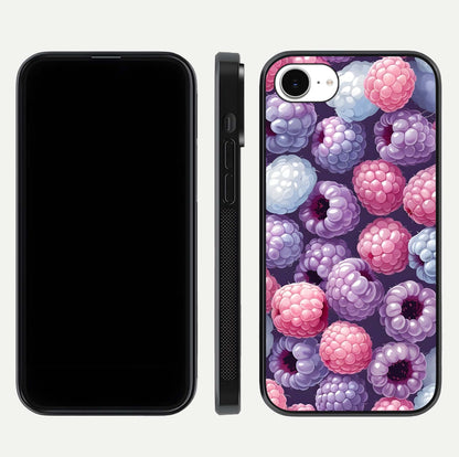 Berry Candy Pop Glass Case for iPhone 16e front-and-back layout showing colorful pattern and sleek protective frame