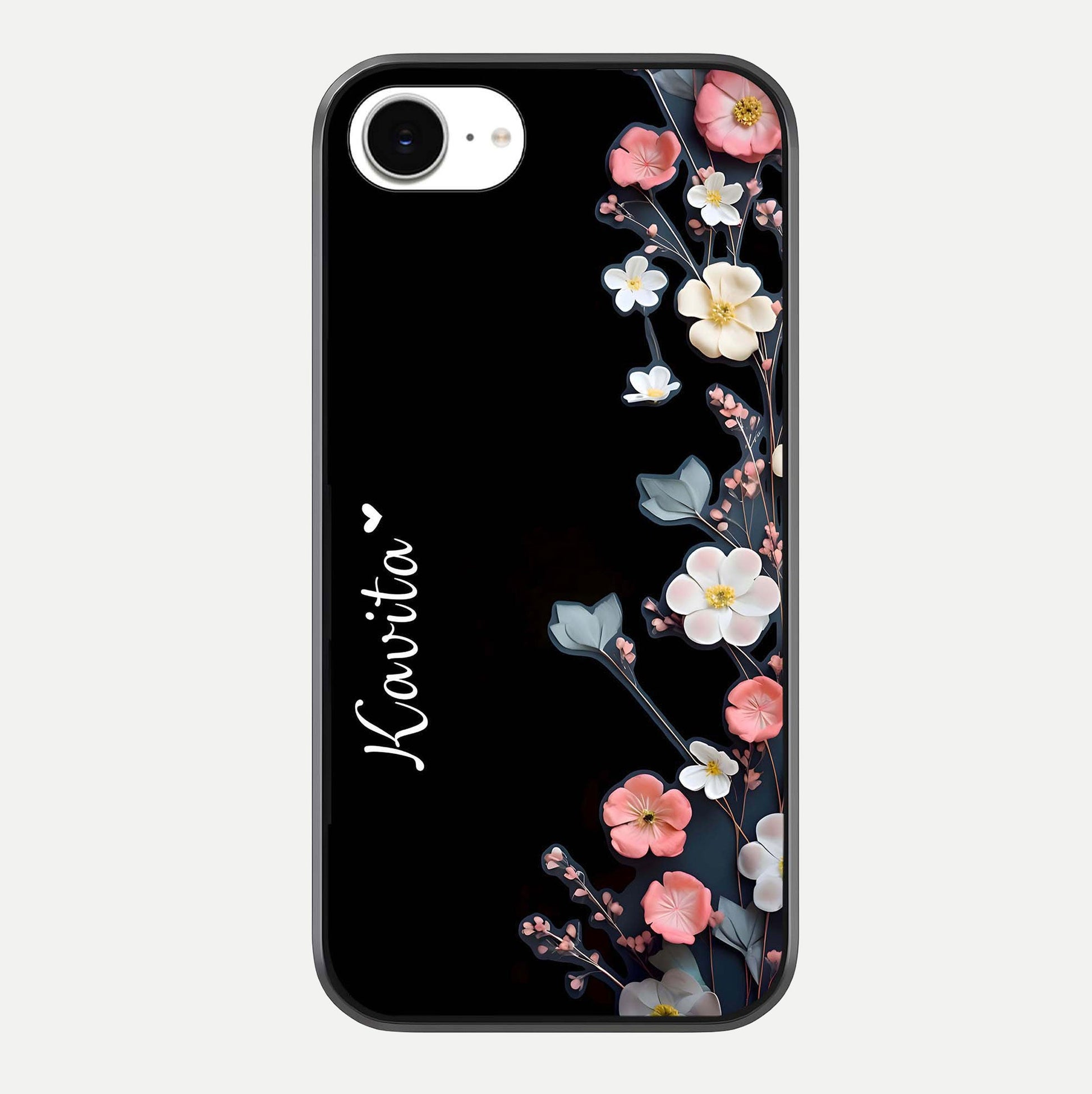 Black Elegance Floral Custom Name Glass Case For iPhone 16e by Custom World