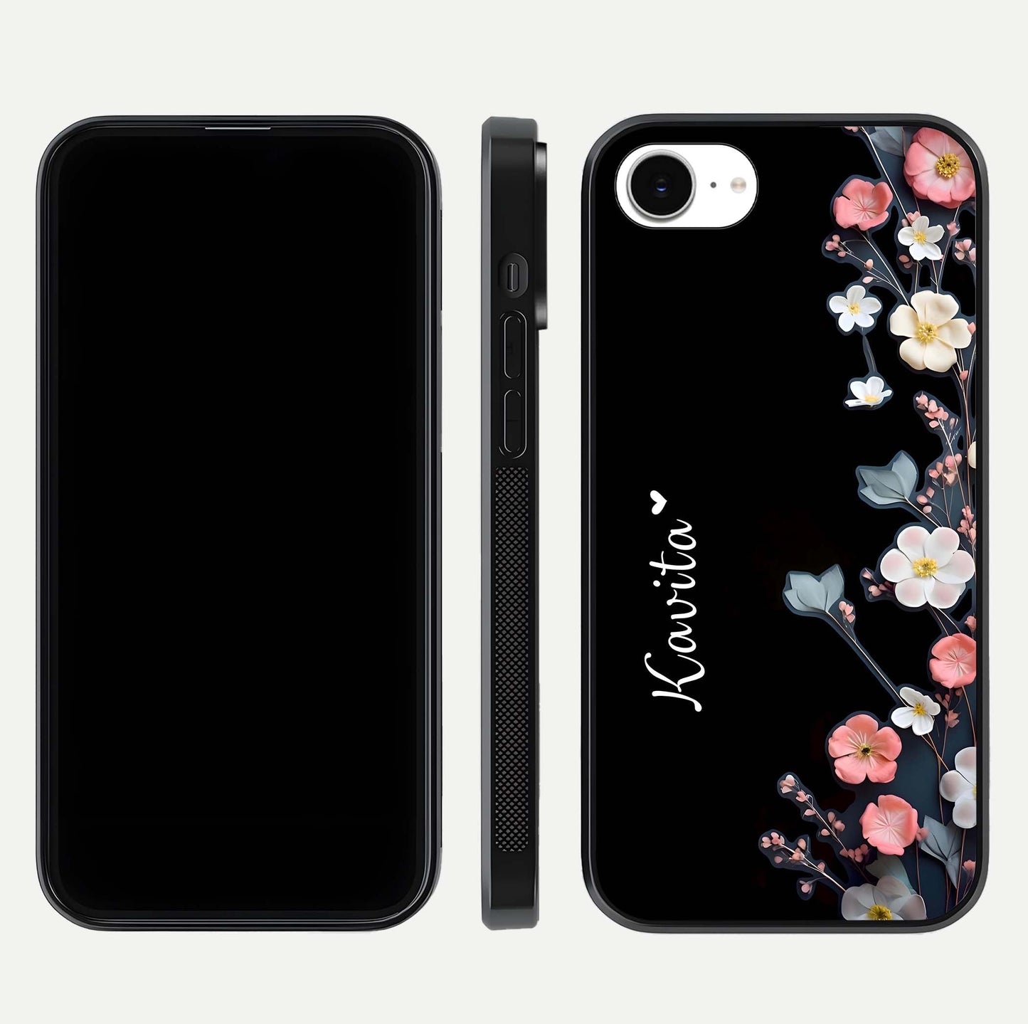 Black Elegance Floral Custom Name Glass Case for iPhone 16e dual-view layout displaying name placement and gloss finish
