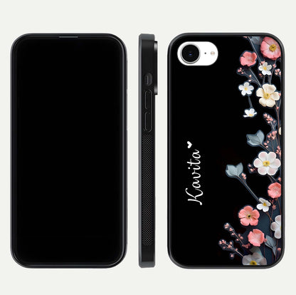 Black Elegance Floral Custom Name Glass Case for iPhone 16e dual-view layout displaying name placement and gloss finish