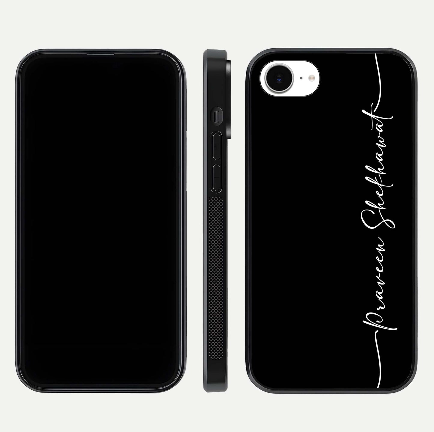 Black Tune Custom Name Glass Case for iPhone 16e front-and-back layout showing personalized name zone and edges