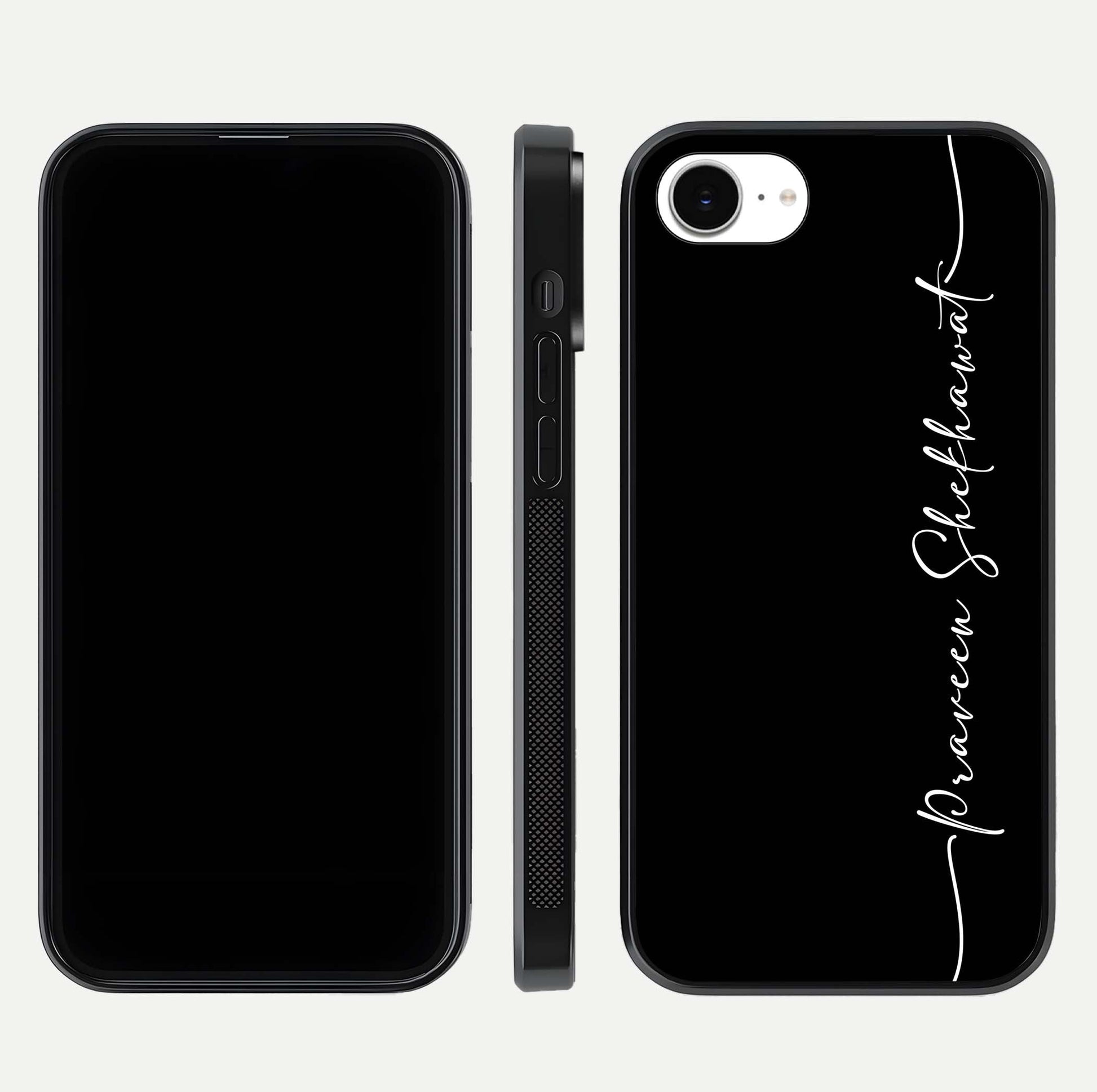 Black Tune Custom Name Glass Case for iPhone 16e front-and-back layout showing personalized name zone and edges