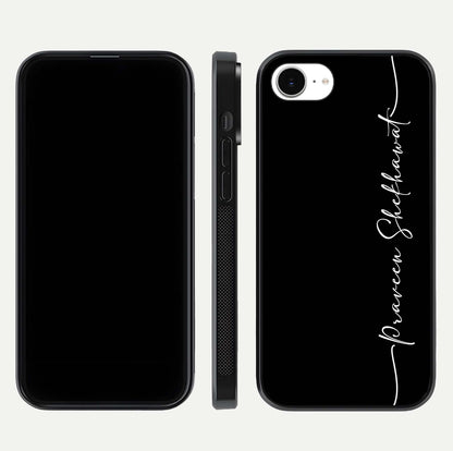 Black Tune Custom Name Glass Case for iPhone 16e front-and-back layout showing personalized name zone and edges