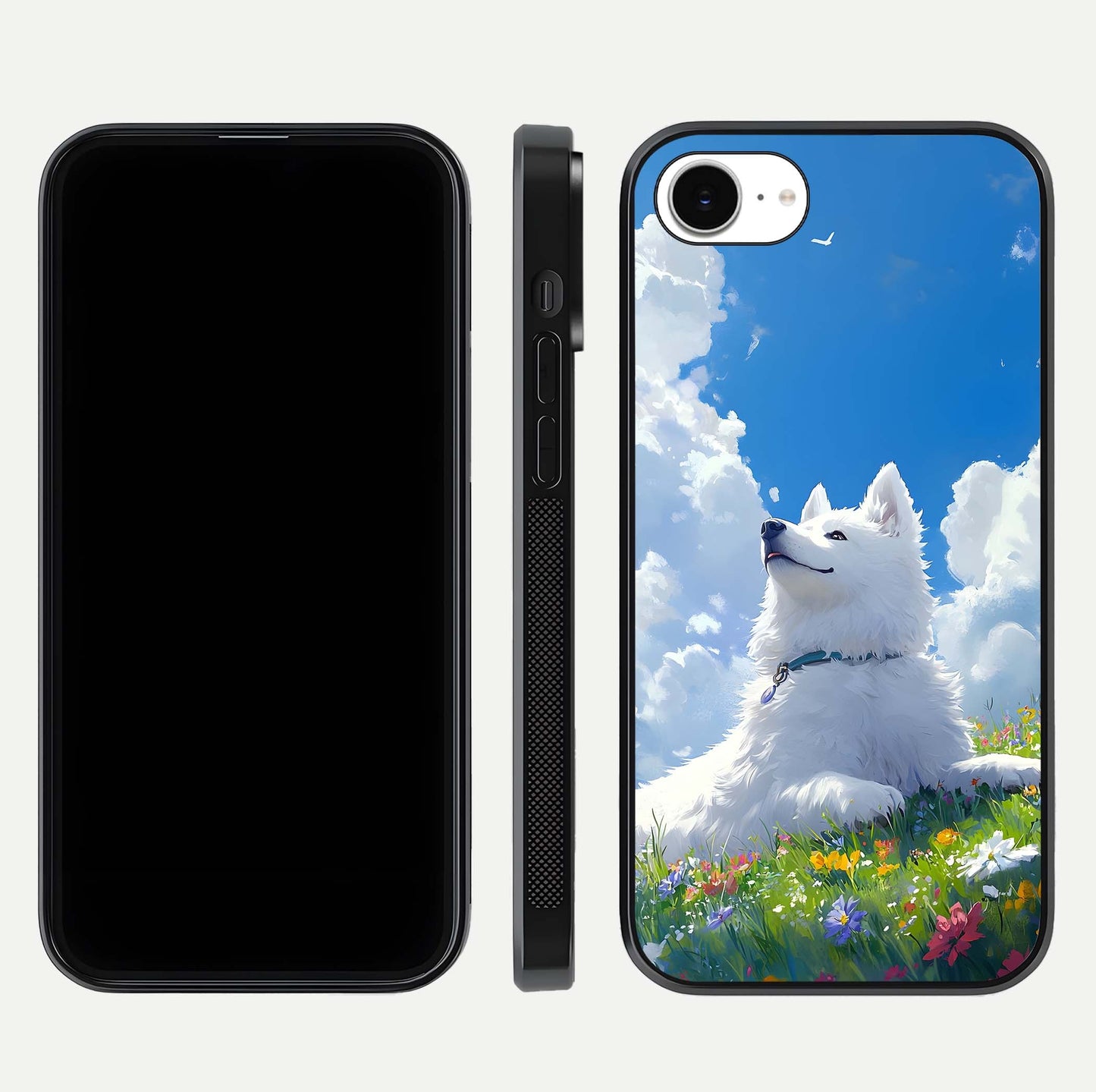 Blissful Cloud Pup Glass Case for iPhone 16e front-and-back layout showing art alignment and edge design