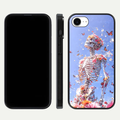 Bloom Beyond Bones Glass Case for iPhone 16e dual-view layout showing creative aesthetic and edge design