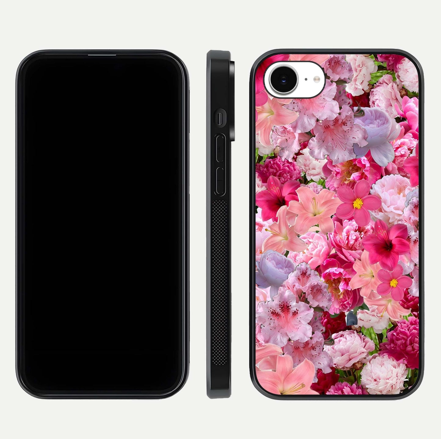 Bloom Crush Fantasy Glass Case for iPhone 16e dual-view layout highlighting edges and premium shine