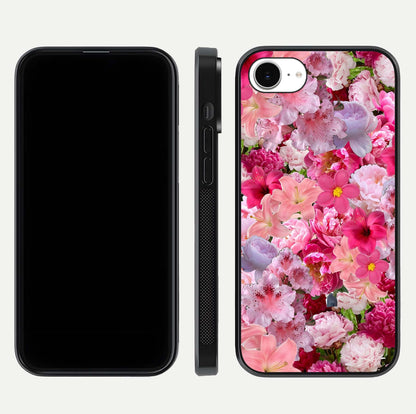Bloom Crush Fantasy Glass Case for iPhone 16e dual-view layout highlighting edges and premium shine