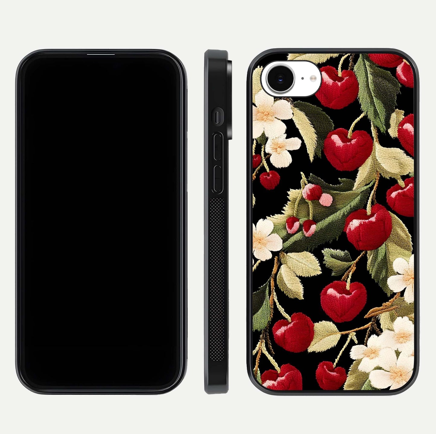 Bloom Thread Art Glass Case for iPhone 16e front-and-back layout showing smooth edges and high-clarity print
