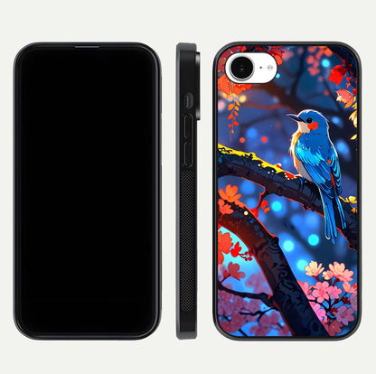 Blooming Spendor Bird Glass Case for iPhone 16e front-and-back view showing nature print and protective edge