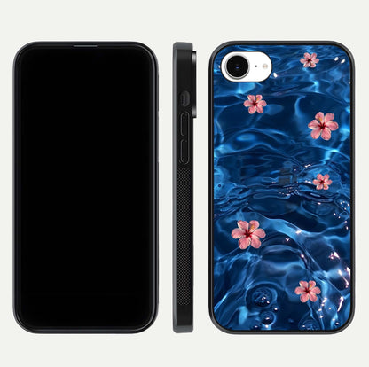 Blooming Water Drift Glass Case for iPhone 16e front-and-back layout highlighting edge design and serene water bloom art