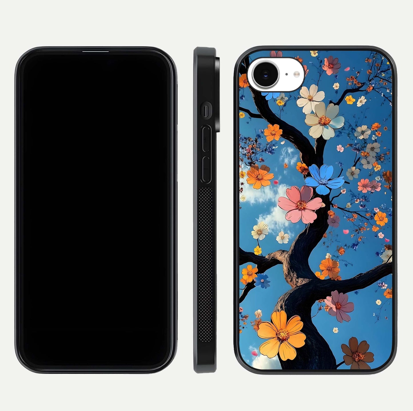 Blossom Dream Sky Glass Case for iPhone 16e front-and-back layout showing floral print and premium edge gloss