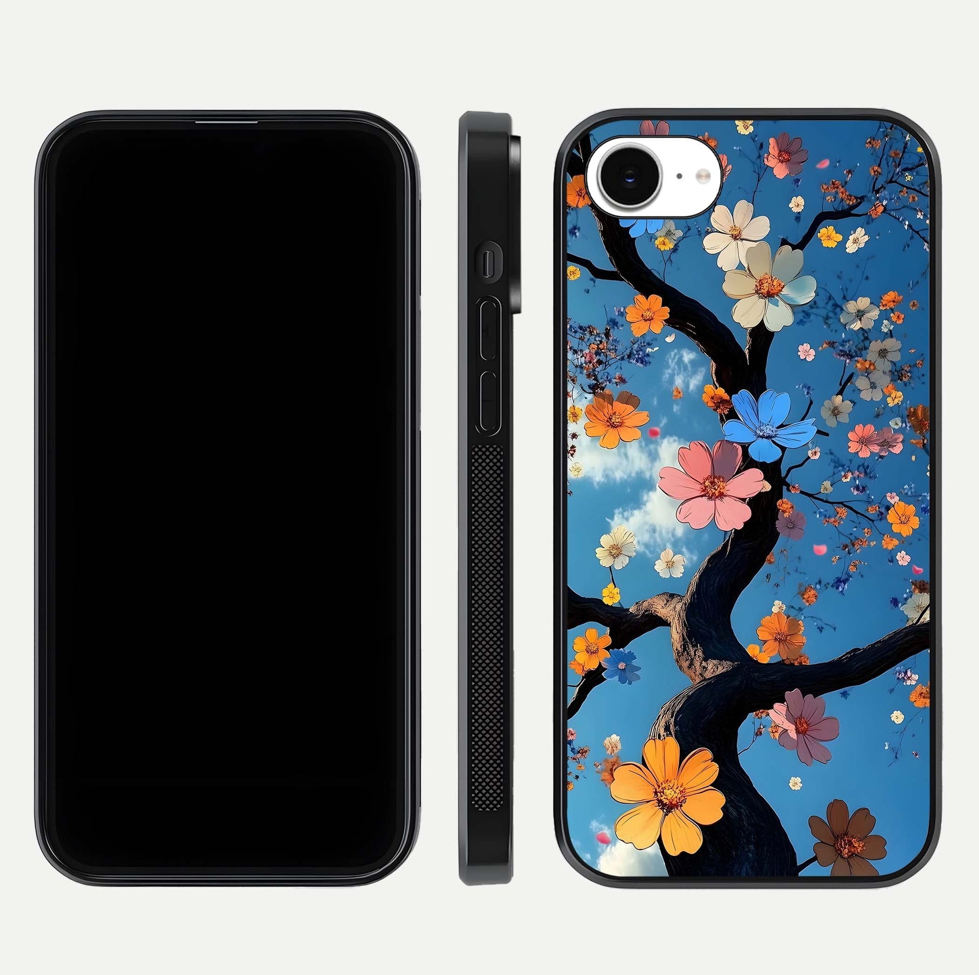Blossom Dream Sky Glass Case for iPhone 16e front-and-back layout showing floral print and premium edge gloss