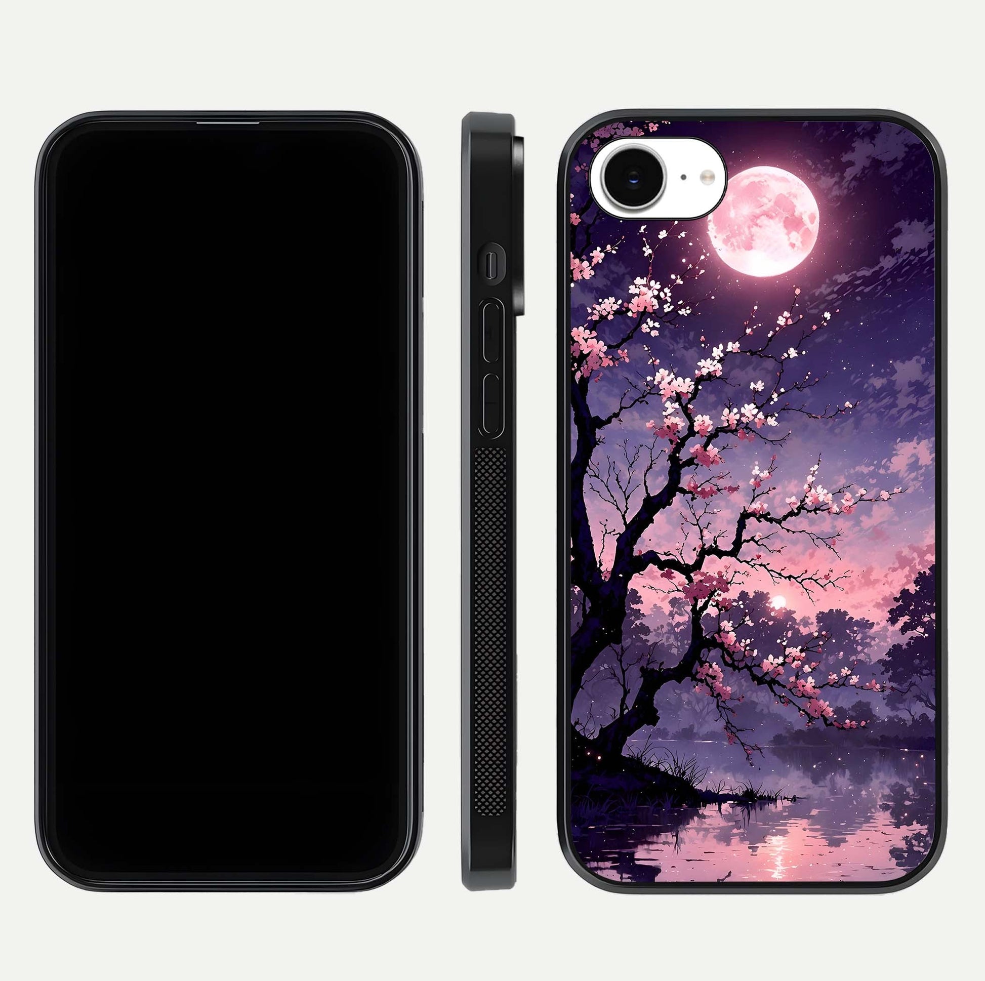 Blossom Pink Moon Glass Case for iPhone 16e front-and-back layout showing minimal edges and artistic flower print