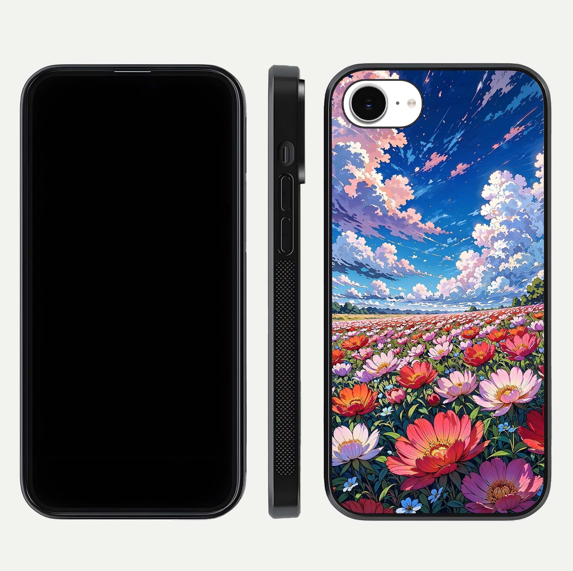 Blossom Sky Field Glass Case for iPhone 16e front-and-back layout highlighting design edges and gloss clarity