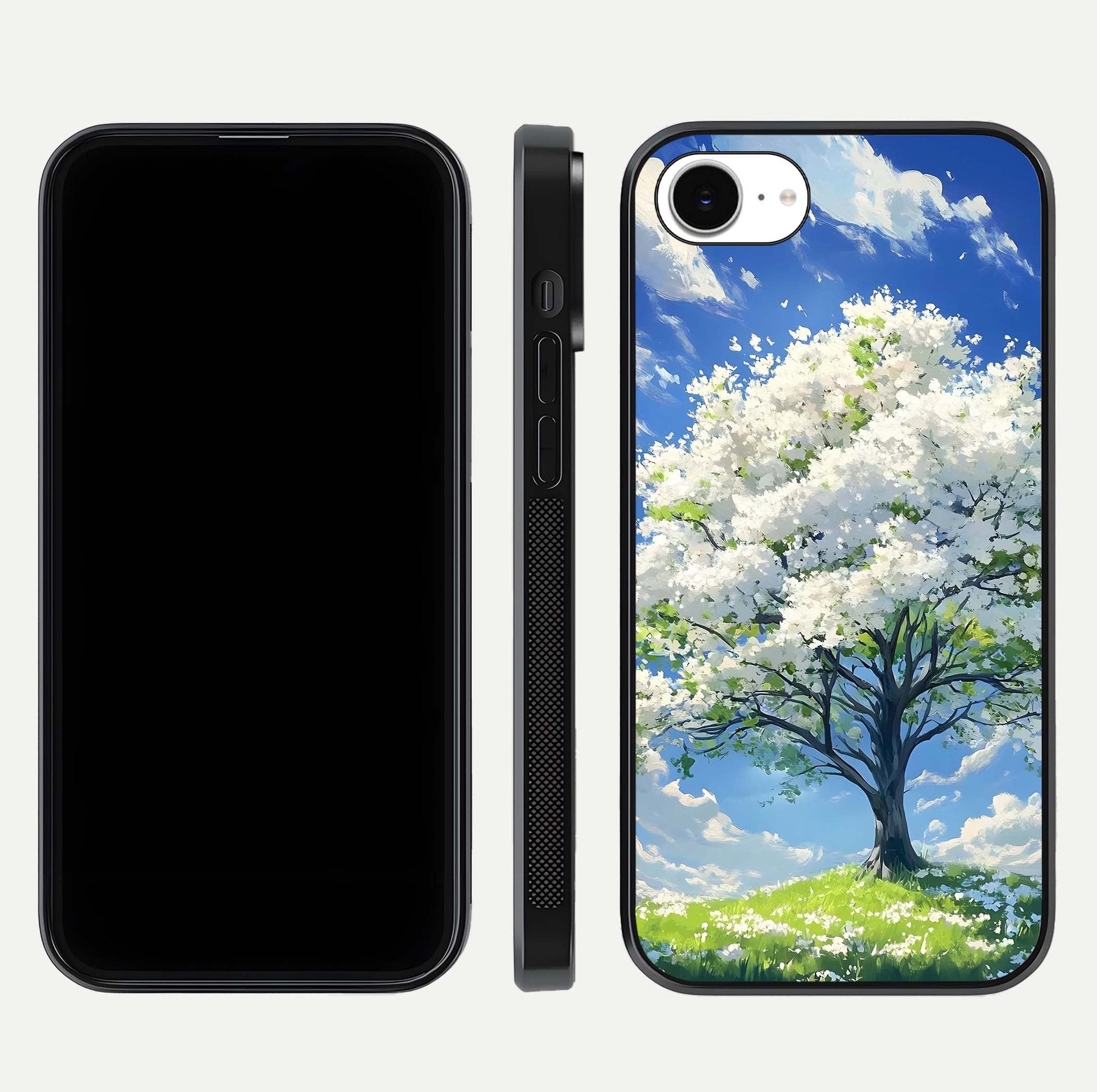 Blossom Sky Serenity Glass Case for iPhone 16e dual-view layout showing pastel hues and soft protective edges