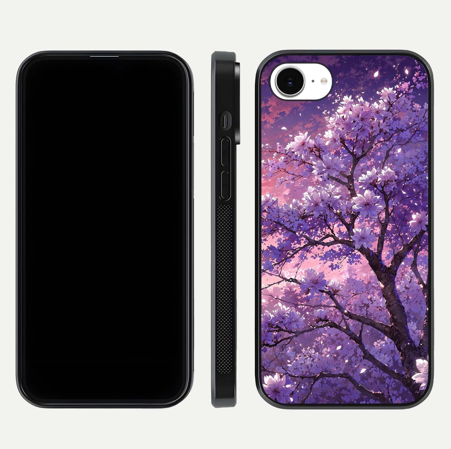 Blossom Tree Glass Case for iPhone 16e front-and-back layout showing art alignment and gloss reflection