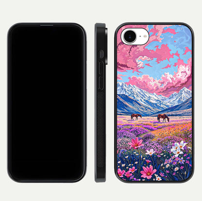 Blossom Valley Dream Glass Case for iPhone 16e front-and-back layout highlighting glossy reflection and edge cut