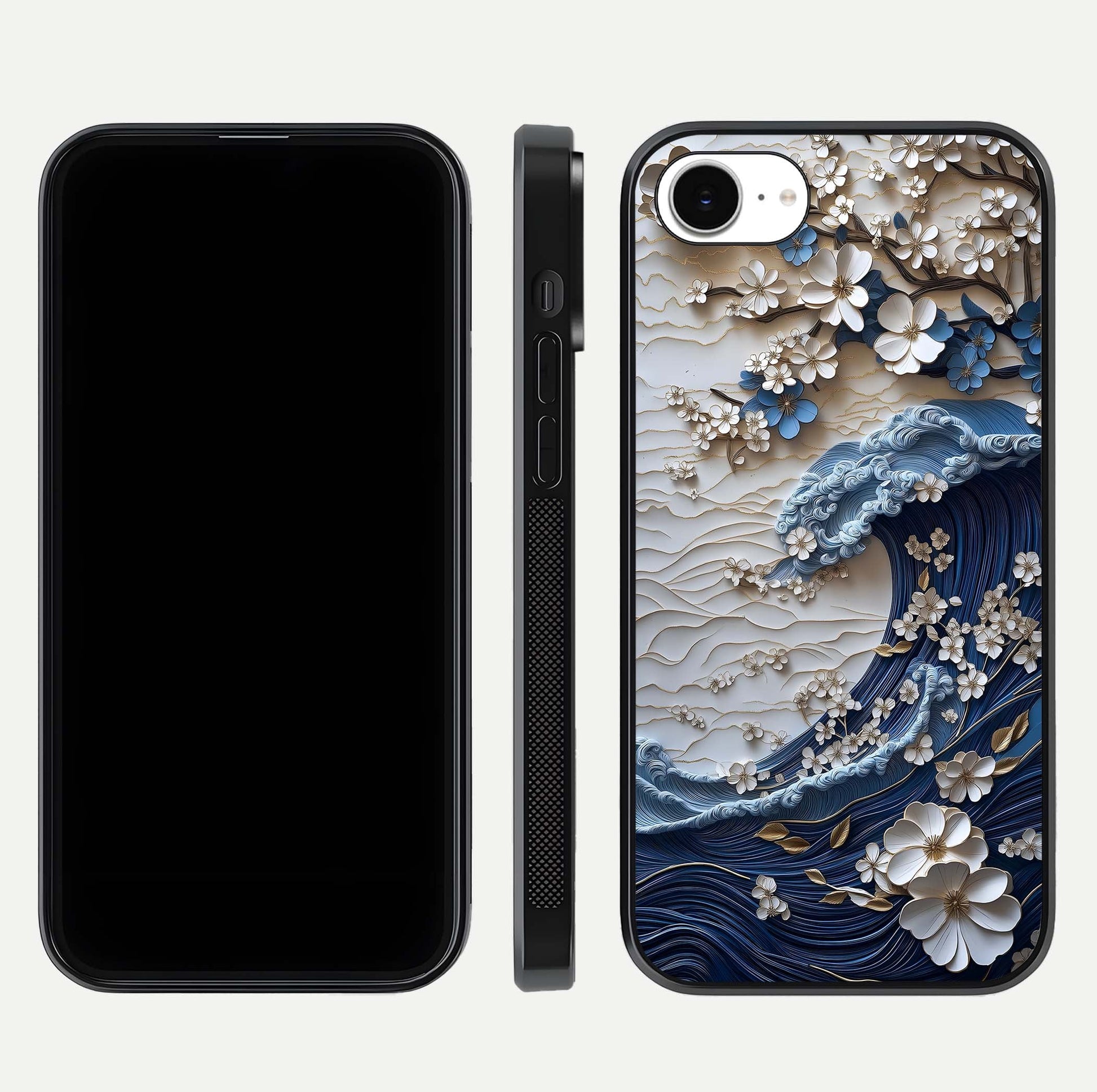 Blossom Wave Art Glass Case for iPhone 16e front-and-back layout showing curved design and glass clarity