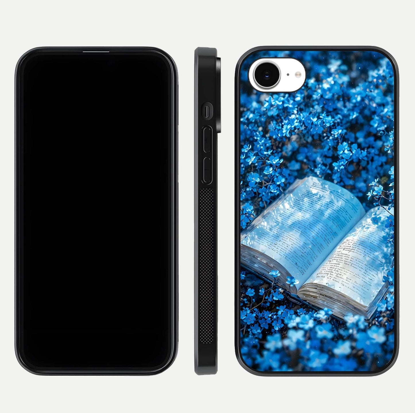Blue Bloom Tales Glass Case for iPhone 16e dual-view layout highlighting shine, floral print, and smooth edges