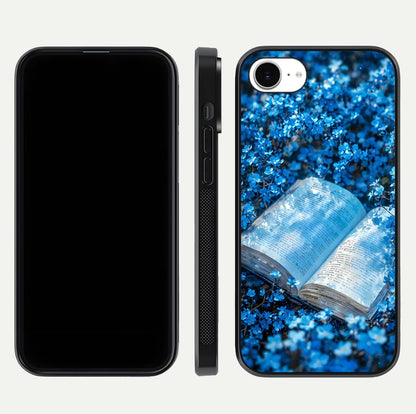 Blue Bloom Tales Glass Case for iPhone 16e dual-view layout highlighting shine, floral print, and smooth edges