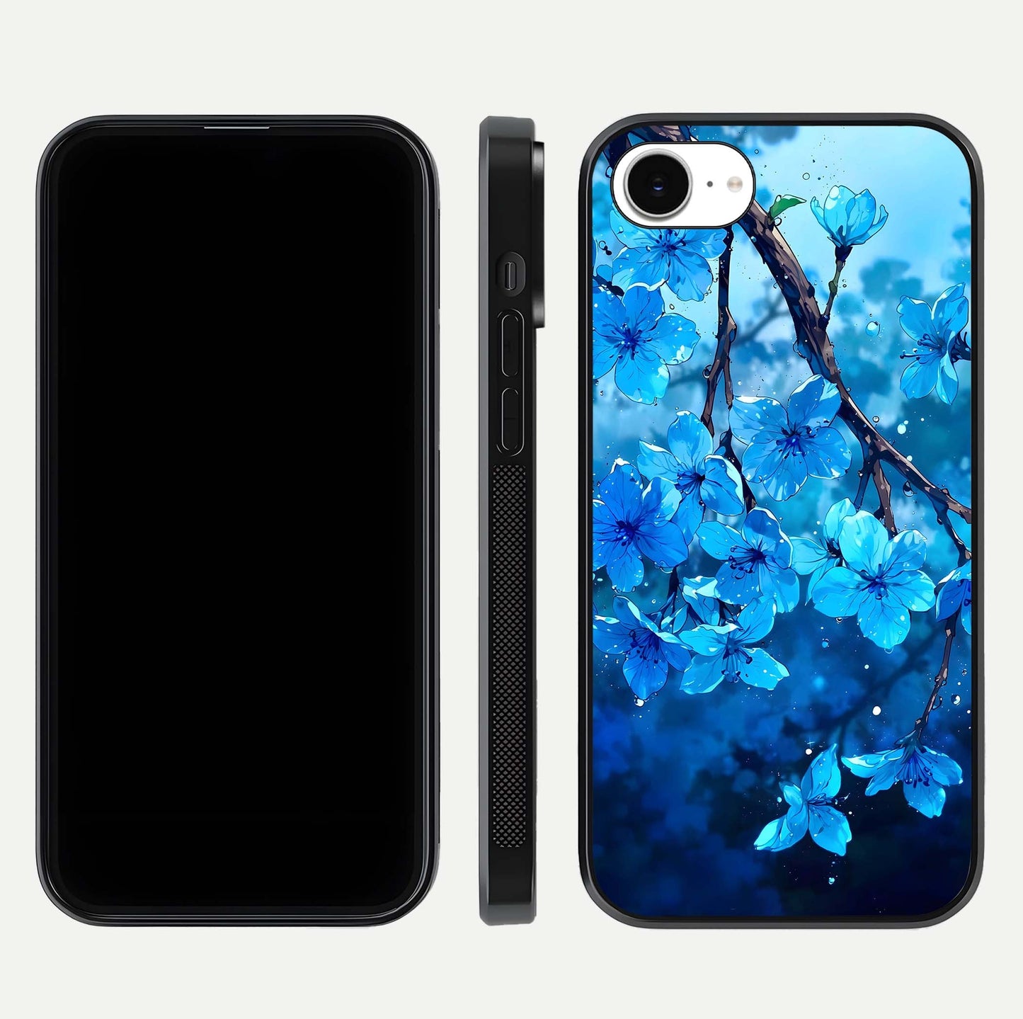 Blue Blossoms Branch Glass Case for iPhone 16e dual-view layout displaying floral art and sleek protective frame