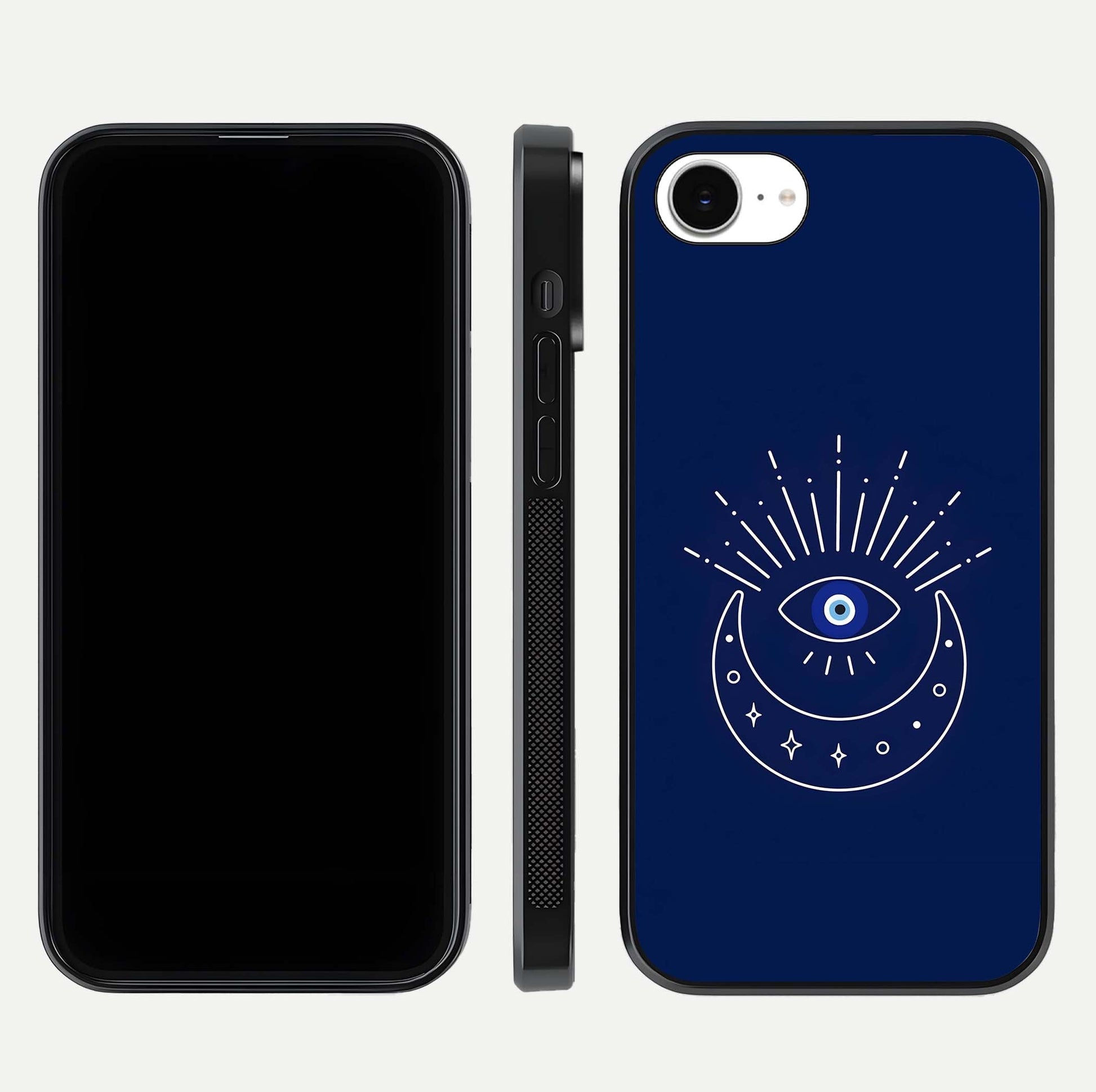 Blue Evil Eye Glass Case for iPhone 16e front-and-back layout showing blue aura design and curved-edge clarity