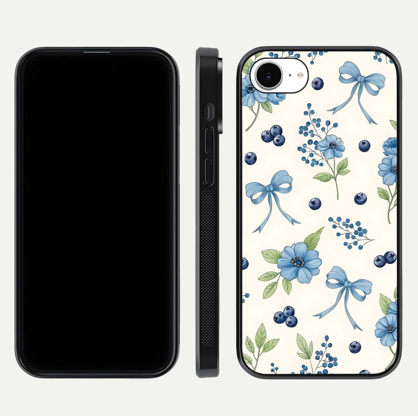 Blue Flower & Bow Glass Case for iPhone 16e dual-view layout showing balanced pattern and smooth edges