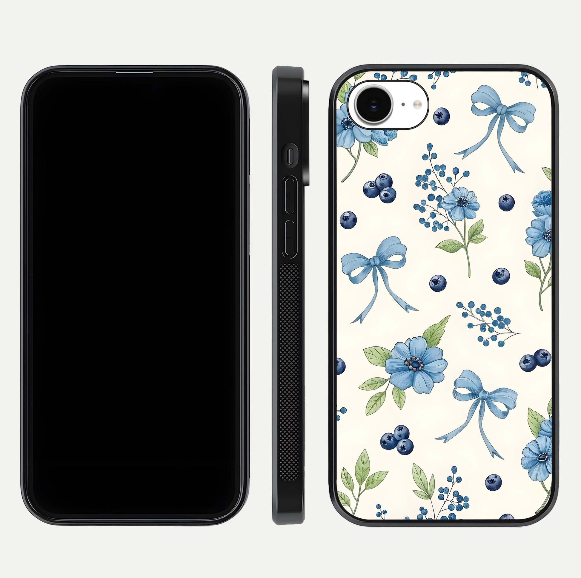 Blue Flower & Bow Glass Case for iPhone 16e dual-view layout showing balanced pattern and smooth edges