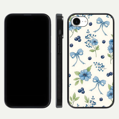 Blue Flower & Bow Glass Case for iPhone 16e dual-view layout showing balanced pattern and smooth edges