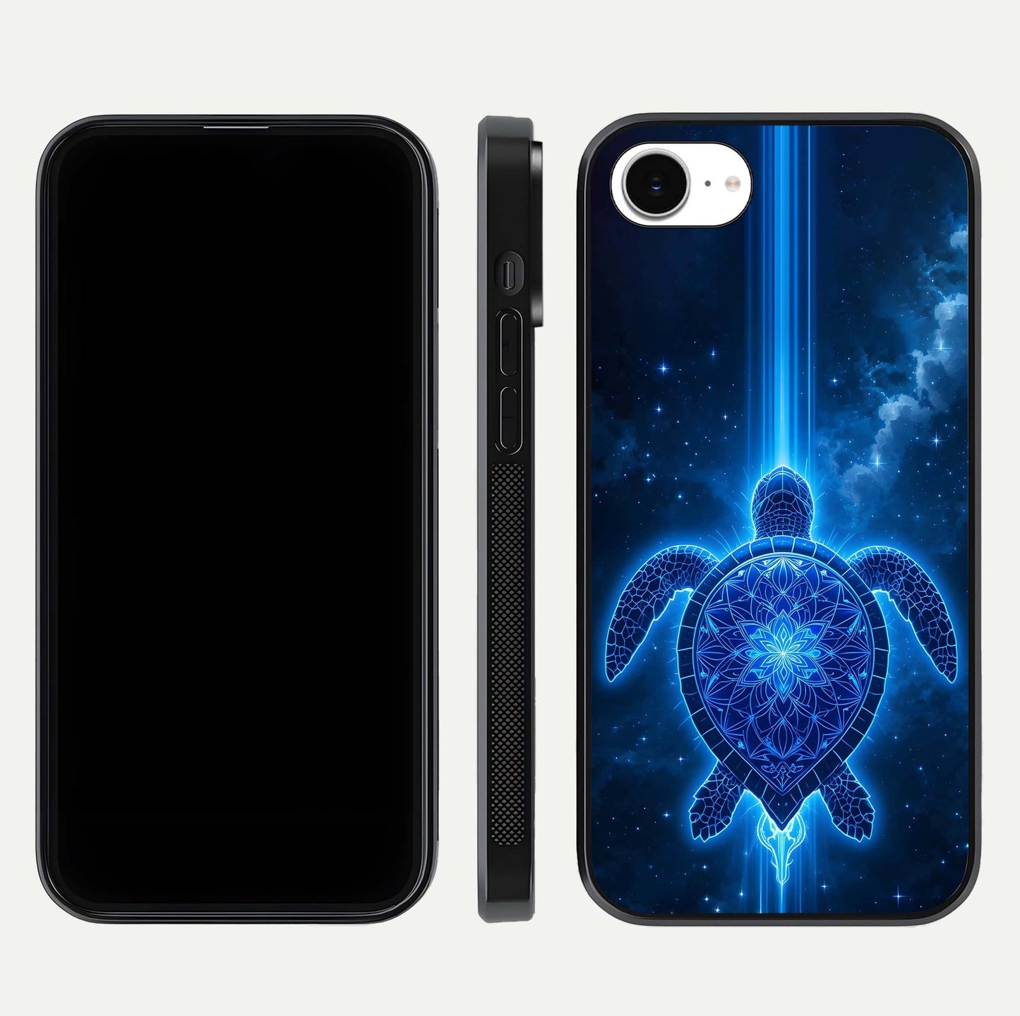 Blue Galaxy Turtle Glass Case for iPhone 16e front-and-back layout highlighting cosmic art and reflective glass