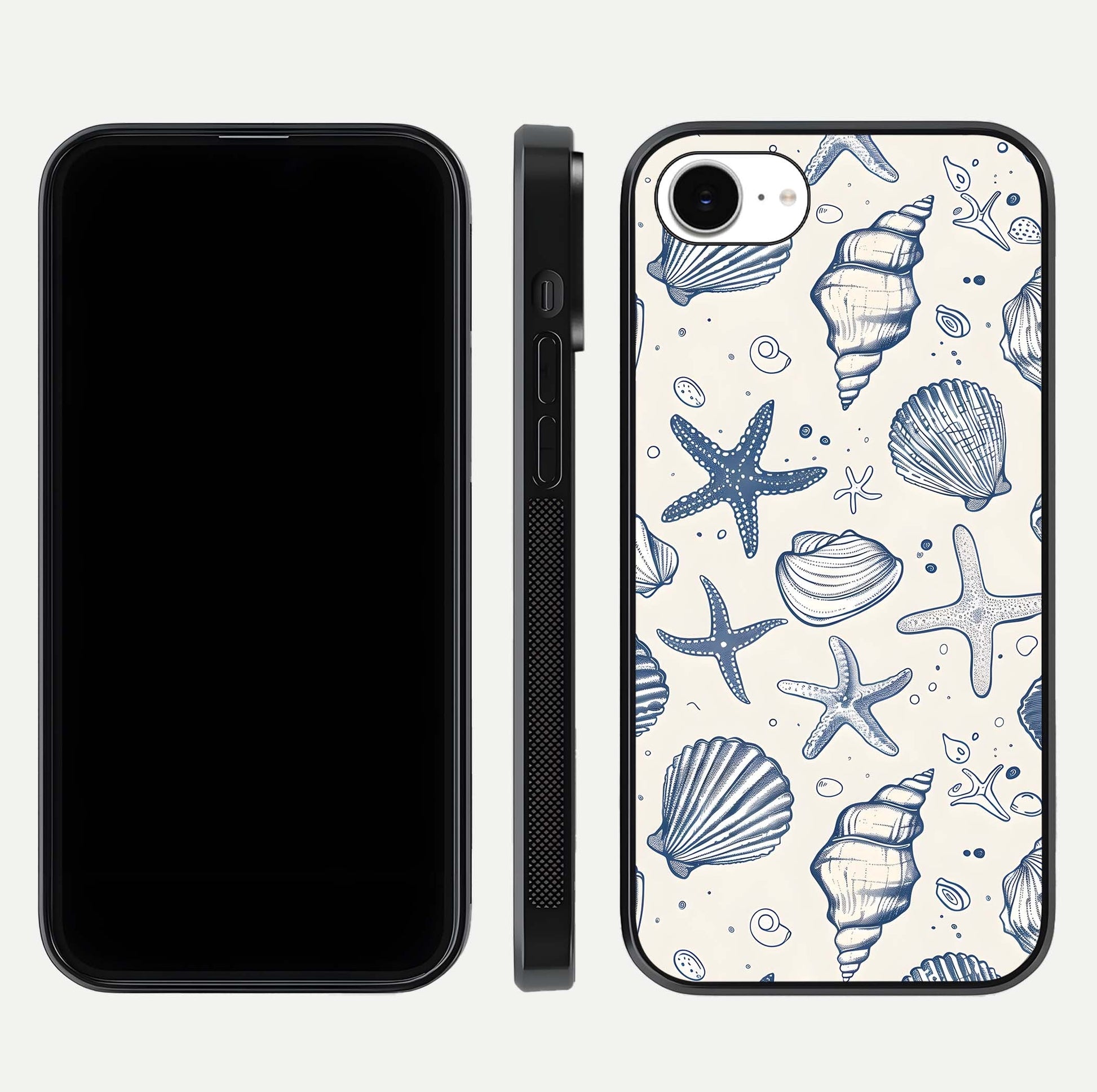 Blue Ocean Outline Glass Case for iPhone 16e front-and-back layout showing minimal wave design and HD gloss