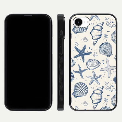 Blue Ocean Outline Glass Case for iPhone 16e front-and-back layout showing minimal wave design and HD gloss