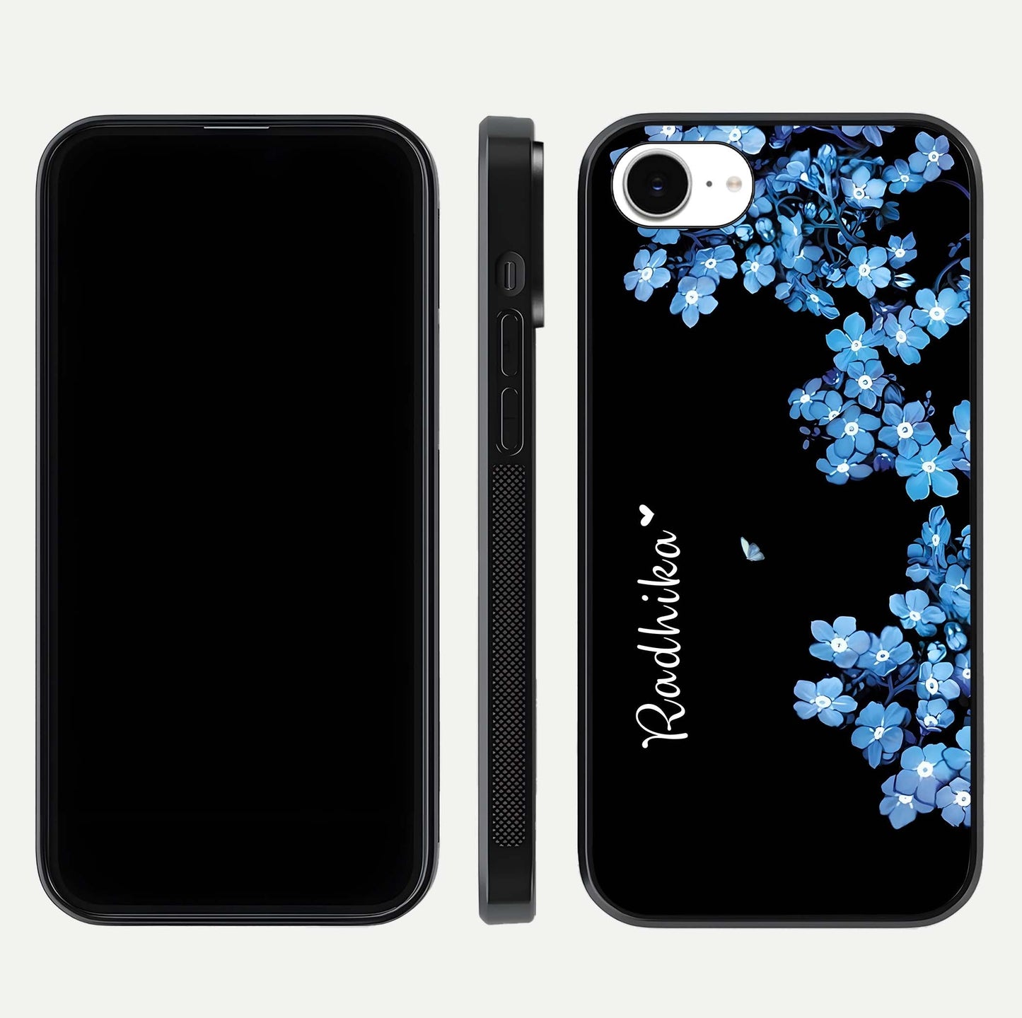 Blue Petal Dream Custom Name Glass Case for iPhone 16e dual-view layout showing text placement and premium finish