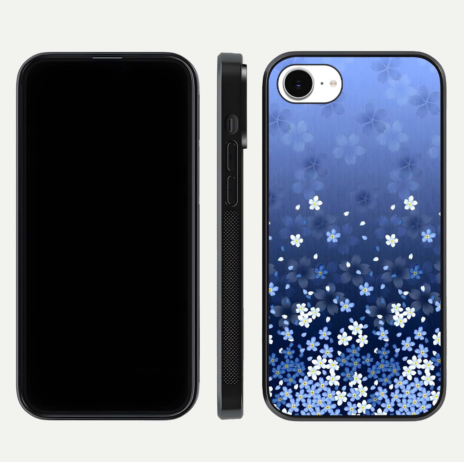 Blue Starry Glass Case for iPhone 16e dual-view layout showing star spread and smooth edge shine