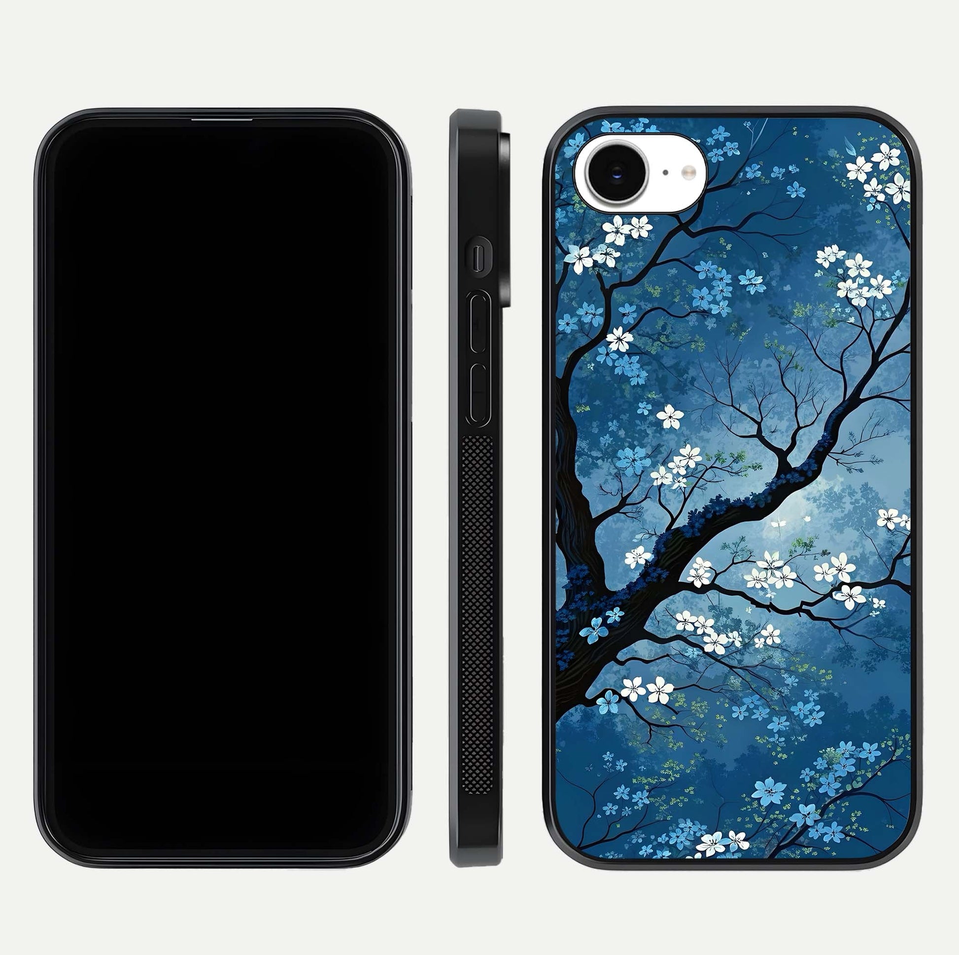 Blue Tree Serenity Glass Case for iPhone 16e front-and-back layout showing gradient background and smooth edges