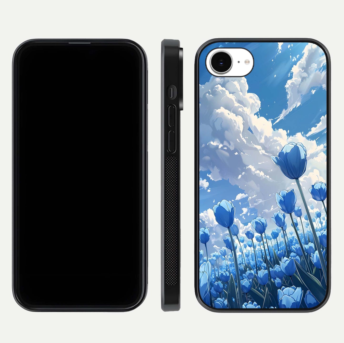 Blue Tulip Clouds Glass Case for iPhone 16e front-and-back layout showcasing floral detail and polished edges