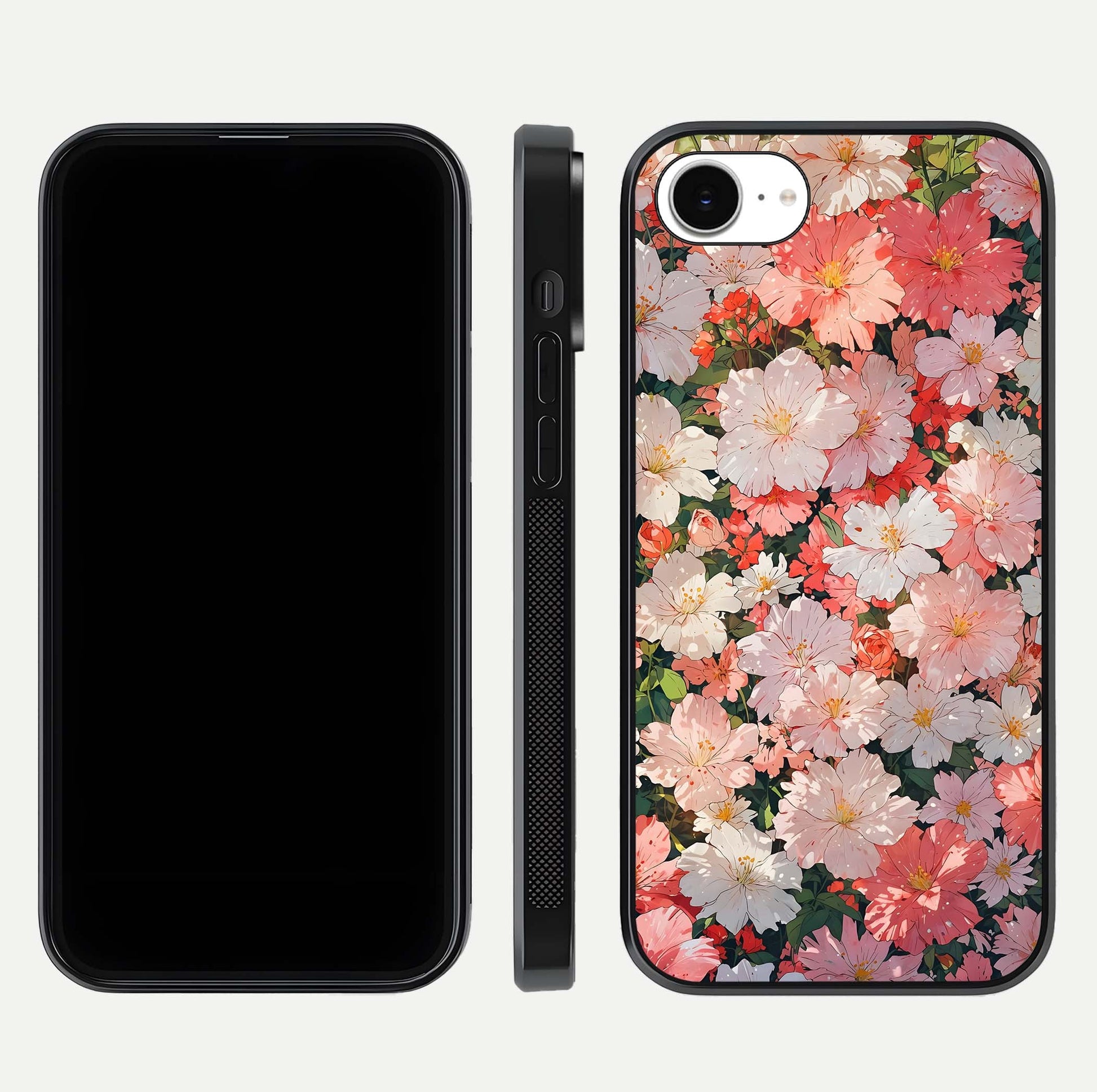 Blush Bloom Field Glass Case for iPhone 16e dual-view layout showing bloom arrangement and protective frame