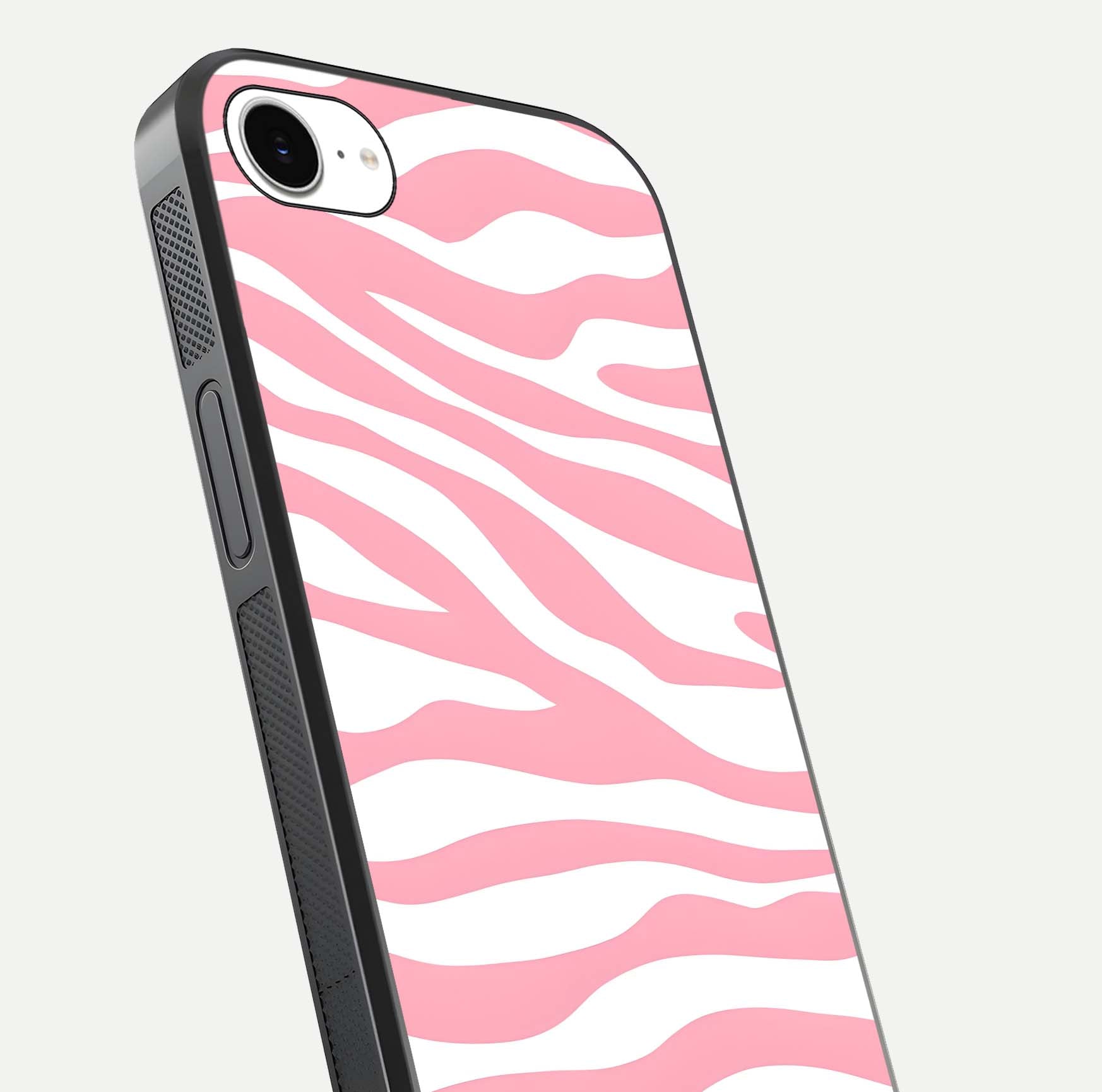 Blush Zebra Flow iPhone 16e glass phone case angled back view highlighting bold zebra artwork and textured side grip
