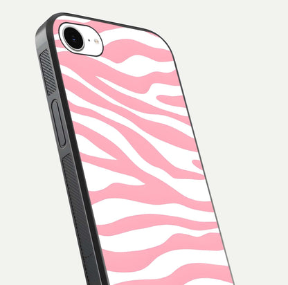 Blush Zebra Flow iPhone 16e glass phone case angled back view highlighting bold zebra artwork and textured side grip