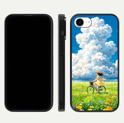 Breezy Meadow Ride Glass Case for iPhone 16e dual-view layout showing soft landscape design and reflection gloss