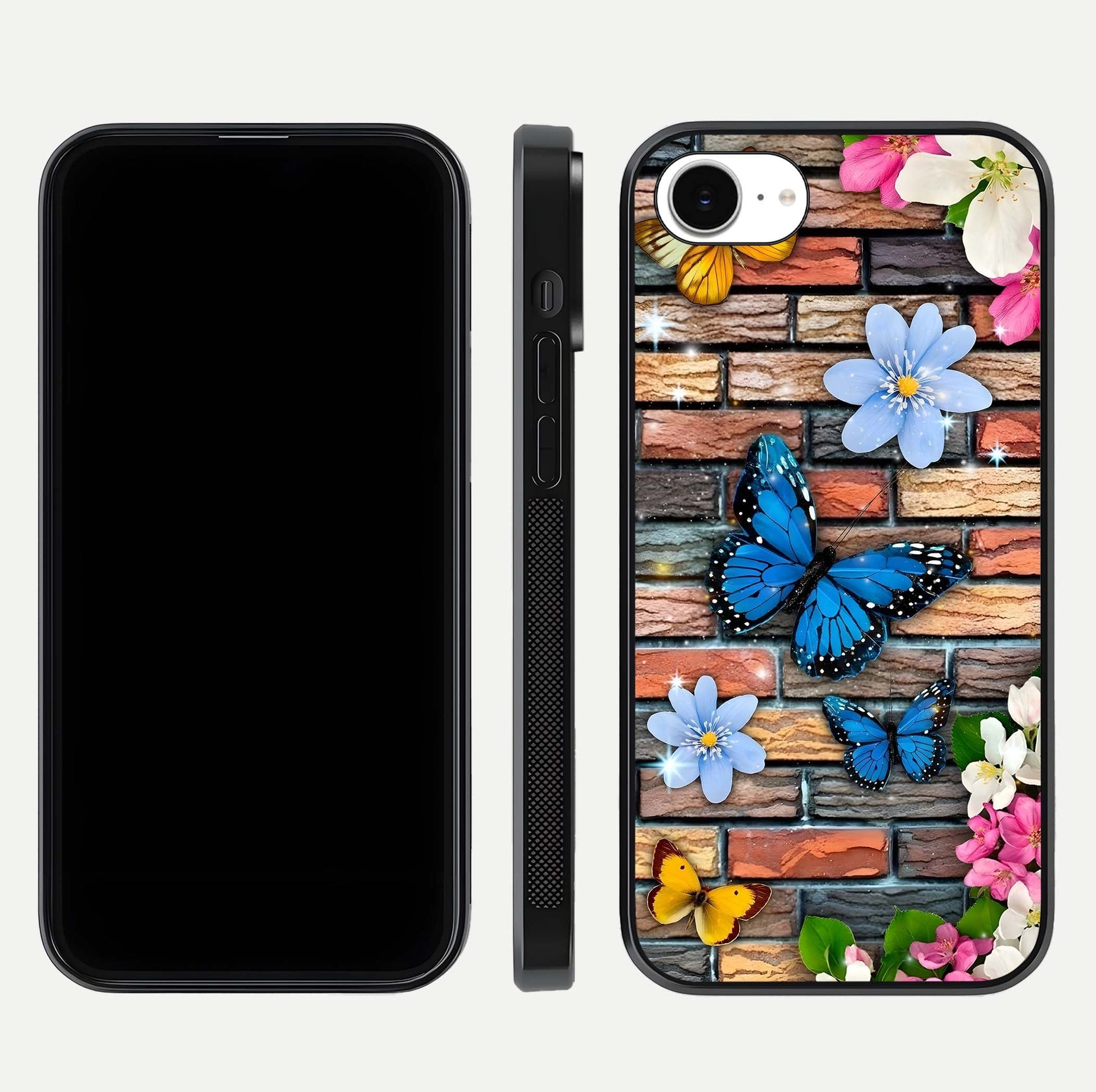 Brick Bloom Flight Glass Case for iPhone 16e dual-view layout showing bloom placement and protective edge design