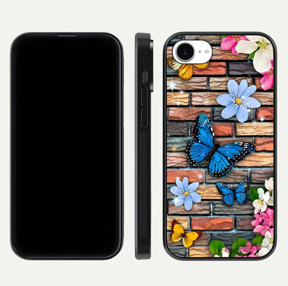 Brick Bloom Flight Glass Case for iPhone 16e dual-view layout showing bloom placement and protective edge design
