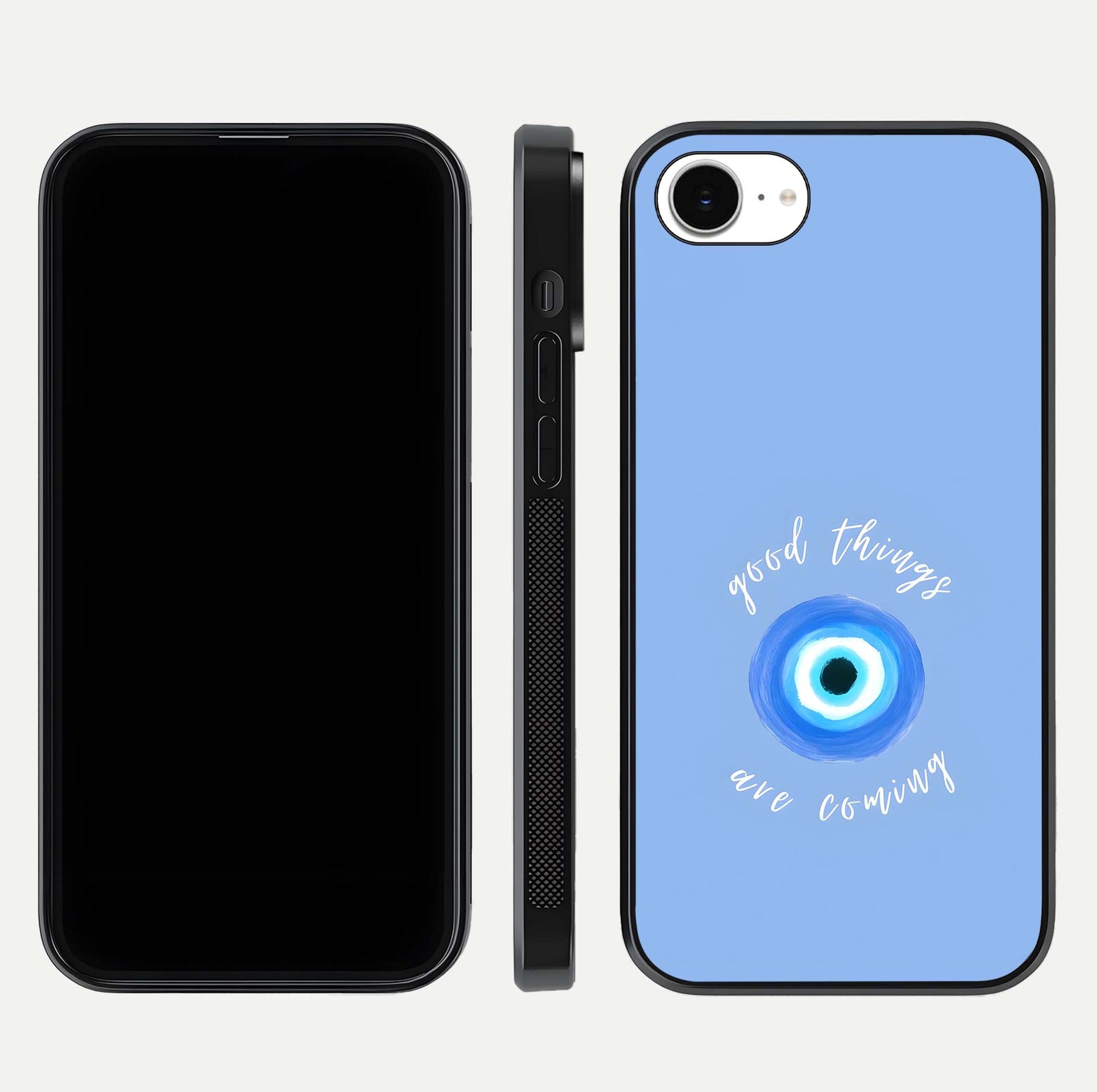 Bright Future Ahead Glass Case for iPhone 16e front-and-back layout showing clean font style and gloss shine