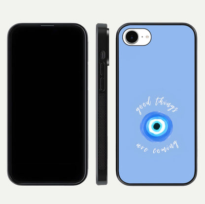 Bright Future Ahead Glass Case for iPhone 16e front-and-back layout showing clean font style and gloss shine