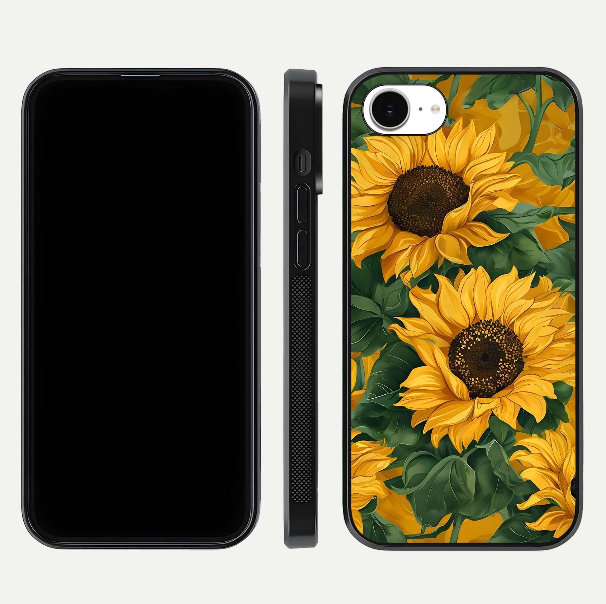 Bright Sunflower Bloom Glass Case for iPhone 16e dual-view layout displaying floral glow and curved glass edge